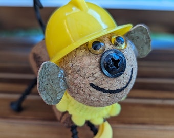 Yellow Hard Hat Monkey Cork Critters Creatures Handmade Gift Desktop Ornament Wine Party Favors Hostess Upcycle Recycle Handmade Jungle