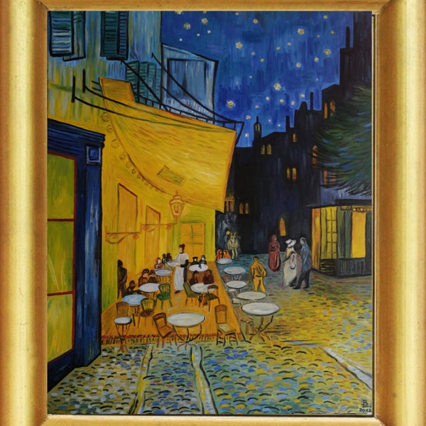Vincent van Gogh « Terrasse de Café à Arles », peinture à l'huile sur toile naturelle écrue ! Pièce unique peinte à la main !