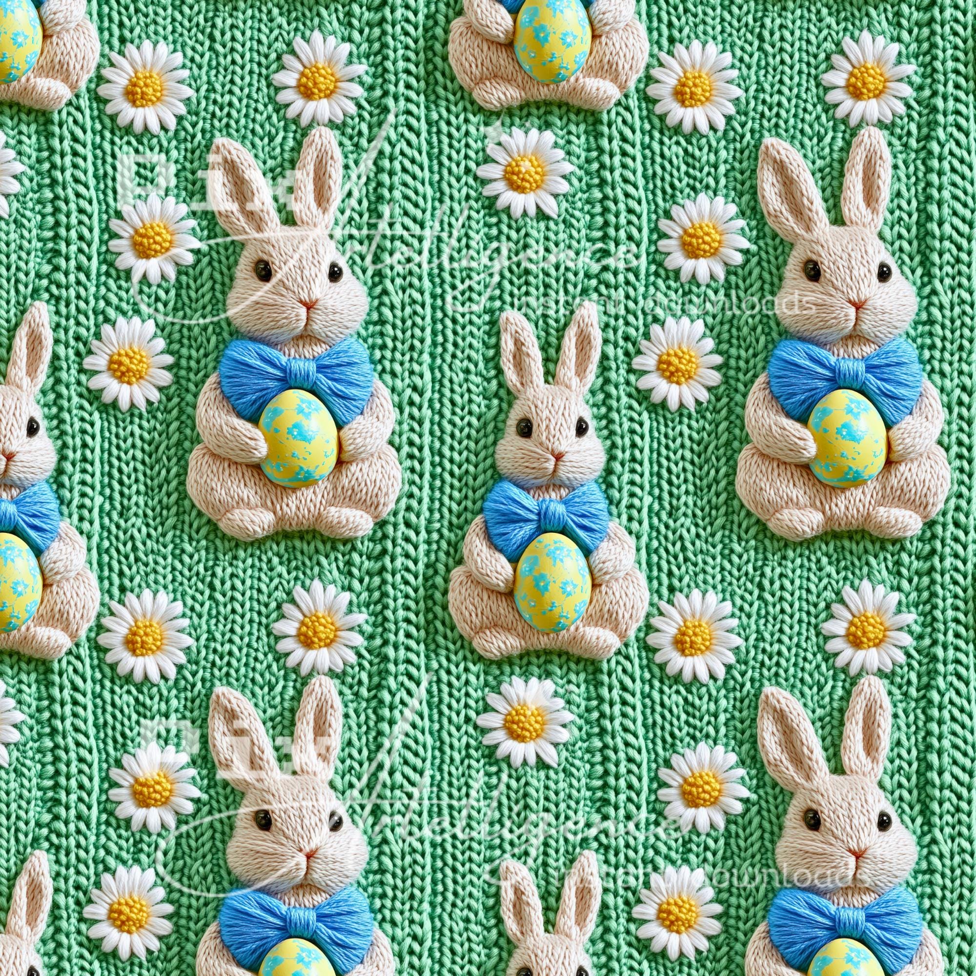 Easter Bunny Seamless Pattern: Floral Faux Embroidery (JPG Digital ...