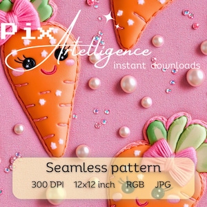 Rosa Schleife Kawaii Karotten Musterdesign Print-Datei, Stoff Sublimation, Digitales Papierdesign Ostern Kokette Karotten Sicher Schwimmen JPG