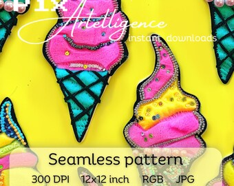 Neon Ice Cream Seamless Pattern: Glitter Fabric Sublimation (JPG Digital Download)