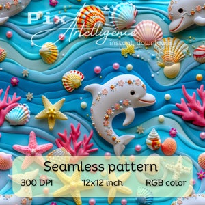 3D Summer Dolphins and Seashells Seamless Repeating Pattern for Fabric Sublimation, Digital Paper Print Design File Sealife Preppy Cute Kids