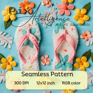 Könnte beinhalten: Nahtloses Muster aus weißen Flip-Flops mit rosa und blauen Stickereien auf hellblauem Hintergrund. Das Muster ist von gelben, rosa und grünen Filzblumen umgeben. Der Text "Seamless Pattern" befindet sich am unteren Rand des Bildes. Der Text "300 DPI", "12x12 inch" und "RGB color" befindet sich unter dem Text "Seamless Pattern".