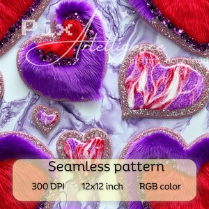 Puede incluir: Patrón sin costuras de corazones morados, rosas y rojos con purpurina y piel. El patrón es de 12x12 pulgadas y 300 DPI. El texto "Seamless pattern" está en la parte inferior de la imagen. El texto "300 DPI", "12x12 inch" y "RGB color" también están en la parte inferior de la imagen.