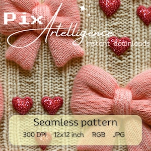 3D Pink Bow Liebe Herzen Kokette Nahtlose Musterdatei, Stoff Sublimation, digitales Papierdesign, Girly Bogen Print Valentines JPG