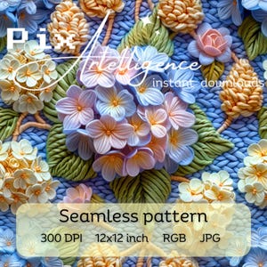 3D Hortensien Musterdesign Druckdatei Digitales Papier Stoff Sublimationsdesign Frühling Faux Stickerei Blumen Blau Rosa Hortensien