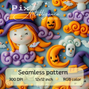 May include: A seamless pattern featuring a witch, a pumpkin, a crescent moon, and clouds in shades of orange, purple, and white. The pattern is 12x12 inches and 300 DPI.