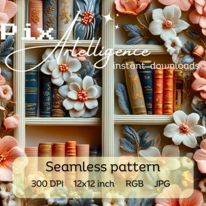 3D Blumen Bücherregal Musterdesign Druckdatei, Stoff Sublimation, Digitales Papierdesign Boho Buch Shabby Chic Faux Stickerei JPG