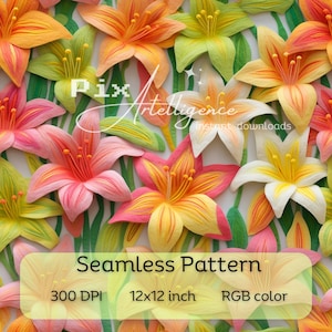3D tropische Lilien Nahtlose Muster Floral Neon Filz Wiederholung Digitales Papier Stoff Druck Sublimationsdatei Sommer Hintergrund Journal