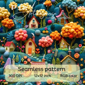 Fairy Garden Village Seamless Pattern: 3D Felt Texture (Digital Download)