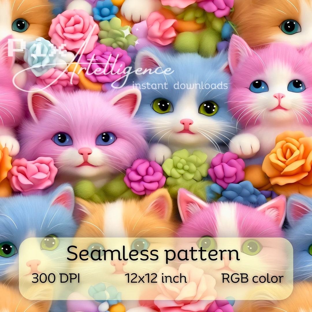3D Cute Kittens & Blooms Seamless Repeating Pattern File for Fabric ...
