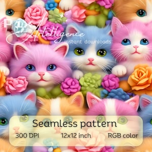 Fichier de motif répétitif sans couture 3D chatons et fleurs pour sublimation de tissu, impression papier numérique fausse broderie chats été