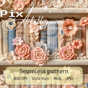 May include: A seamless pattern featuring a bookshelf with knitted books decorated with pastel pink flowers and pearls. The pattern is 12x12 inches and 300 DPI. The text "Pix Intelligence instant downloads" is visible on the image.