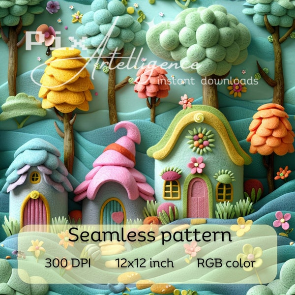 3D Pastel Fairy Garden Forest Seamless Repeating Pattern for Fabric Sublimation Faux Embroidery Wonderland Spring/Summer Digital Paper File