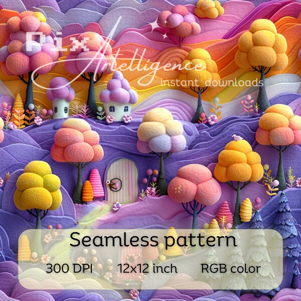 3D Fairy Garden Seamless Pattern  Enchanted Forest  Repeating File Faux Embroidery Spring/Summer Digital Paper Fabric Print Sublimation