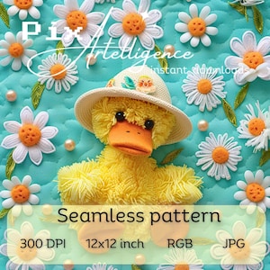 Fichier d'impression 3D de motifs répétés sans couture de canard printanier, sublimation de tissu, papier numérique Canard duveteux mignon fausse broderie Canards floraux 3D