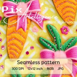 May include: A seamless pattern featuring embroidered carrots with pink bows and green leaves. The pattern is on a yellow background with white diagonal stripes. The text "Pix Artelligence instant downloads" is visible in the image. The image is 300 DPI, 12x12 inches, RGB, and JPG.
