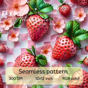 3D Checkered Strawberry  Seamless Repeating Pattern Printing File ,Fabric Sublimation, Digital Paper File Design Summer Spring Floral