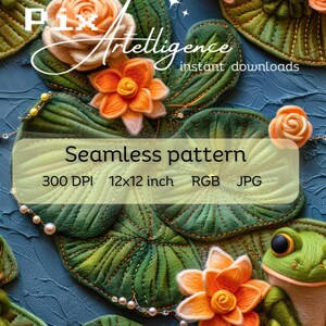Fichier d'impression 3D sans couture de motifs répétés de grenouilles mignonnes, sublimation de tissu, conception de papier numérique, fausse broderie de grenouille verte Lilly Pad