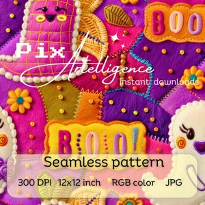 Peut inclure: Un motif sans couture vibrant sur le thème d'Halloween, avec des motifs patchwork. Le design comprend des fantômes et le mot "BOO!" dans des tons de rose, violet, orange et jaune. Le motif mesure 30,48 x 30,48 cm.