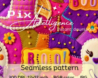 Halloween Ghost Patchwork Seamless Pattern: Retro Neon Fabric (Digital Download)