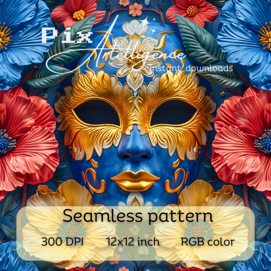 Floral Venetian Mask Seamless Pattern: Blue & Gold Masquerade (digital ...