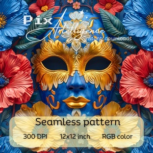 Puede incluir: Una máscara de carnaval azul y dorada con detalles intrincados, rodeada de flores rojas y azules. Patrón sin costuras, 300 DPI, 12x12 pulgadas, color RGB.