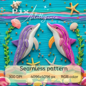 3D Sommer Delfine und Seesterne Nahtloses Rapportmuster für Stoff Sublimation Digitale Papierdruck Datei Sammelalbum Journal Faux Stickerei