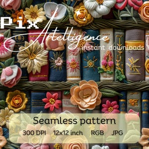 Blumen Bücherregal Nahtlose Rapportmuster Druckdatei, Stoff Sublimation Digitales Papier Design Tumbler Craft Faux Stickerei 3D Tumbler JPG