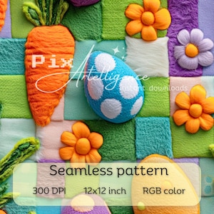 Könnte beinhalten: Ein nahtloses Muster mit einem Patchwork aus bunten Stoffquadraten mit verschiedenen Osterdekorationen, darunter eine Karotte, ein Ei und Blumen. Das Muster ist 12x12 Zoll groß und hat 300 DPI.