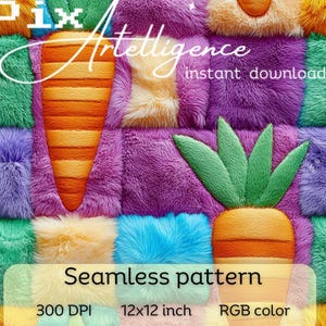 May include: Seamless pattern with a colourful patchwork design featuring carrots and green leaves. The pattern is 12x12 inches and 300 DPI.  RGB colour.
