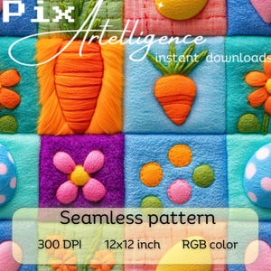 Puede incluir: Un patrón sin costuras que presenta una variedad de texturas de fieltro de colores, incluyendo zanahorias, flores y huevos con lunares. El patrón es de 12x12 pulgadas y 300 DPI.