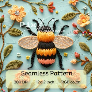 3D Blumen Biene gestrickt Nahtlose Muster Faux Stickerei Digitales Papier Stoff Druck Sublimationsdatei Sommer blüht Design Wohnkultur Sammelalbum