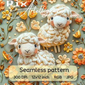 Schattige bloemen schapen naadloos herhalingspatroon afdrukbestand, sublimatie, digitaal papierontwerp 3D Pasen lente Boho schapen Cottagecore