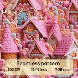 Puede incluir: Un patrón sin costuras con un diseño caprichoso de temática de caramelo con casas de jengibre rosas y marrones, bastones de caramelo y remolinos. El patrón es de 12x12 pulgadas y 300 DPI.