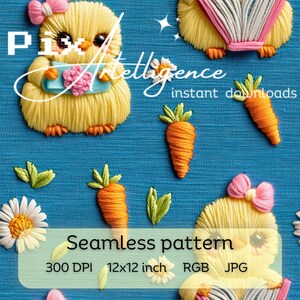 May include: A seamless pattern featuring embroidered yellow chicks with pink bows, orange carrots, green leaves, and white daisies on a blue background. The text "Seamless pattern" is displayed, along with "300 DPI", "12x12 inch", "RGB", and "JPG".