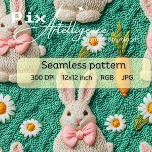 3D rosa Osterhase Schleife Musterdesign Druckdatei, Stoff Sublimation, digitales Papierdesign, Ostern Blumen Faux Stickerei Gänseblümchen