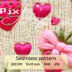 3D rosa Schleife Erdbeere Faux stricken Nahtlose Musterdruckdatei, Stoff Sublimation, digitale Papier Liebe, Girly Faux gestrickte Kokette