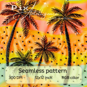 May include: Seamless pattern featuring palm trees and a sunset background. The pattern is 12x12 inches and 300 DPI. The colors are RGB.