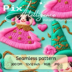 May include: Seamless pattern featuring a whimsical, pink and green gnome with a sparkly gold hat and a heart. The pattern is 12x12 inches and 300 DPI, in JPG format.