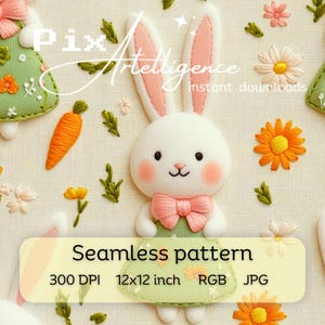 Rosa Schleife Osterhase Musterdesign Druckdatei, Stoff Sublimation, digitales Papierdesign, niedlichen Frühling rosa Schleife Kaninchen Karotte