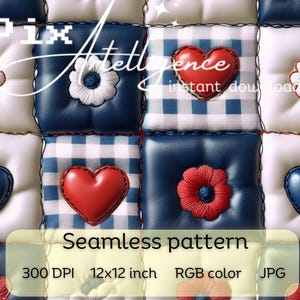 Puede incluir: Un patrón sin costuras que presenta un diseño de patchwork con corazones rojos, flores blancas y cuadrados de cuadros azules. El patrón mide 30,5 x 30,5 cm y 300 DPI.
