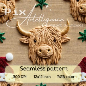 File di modello ripetuto senza soluzione di continuità con mucca delle Highland di Natale 3D per sublimazione di tessuto, design di stampa su carta digitale, JPG di Natale Western delle Highland neutre