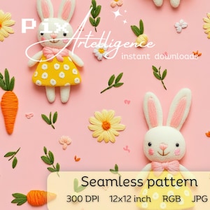 3D Oster Kokette Hase Musterdesign Druckdatei, Stoff Sublimation|Digitales Papierdesign, rosa Schleife Kaninchen Frühling Floral