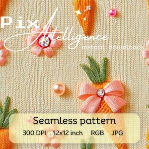 Pink Bow Coquette Carrot Seamless Repeat Pattern Print File, Fabric Sublimation, Digital Paper Design, Easter Carrot, Faux Embroidery Knit