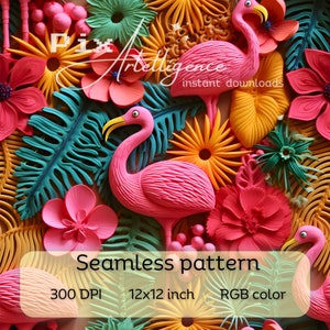 Arquivo de impressão de padrão de repetição contínua de flamingo tropical 3D, sublimação de tecido, design de arquivo de papel digital Summer Beach Vibes Pink Flamingo