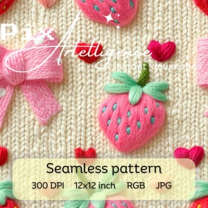 Rosa Schleife Erdbeere Musterdesign Print-Datei, Digitales Papier Tumbler Design, Valentinstag Gestrickte Herzen Kokette Erdbeer Liebe