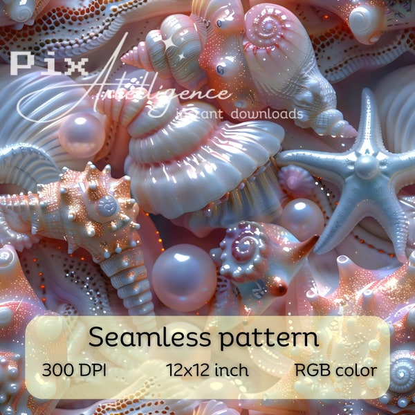 3D Seashells Seamless Repeating Pattern for Fabric Sublimation, Digital Paper Print File Design, Mermaid Glitter Iridescent Pearly Girly