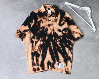 90s-00s Vintage Champion Reverse Weave Polo T-Shirt Mens Size S Embroidered Logo Custom Bleach Tie Dye Hand Made Dyed 1/1 1of1 Y2K Rare Acid