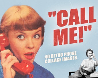 40 Vintage Collage Elements, Retro Phone, HQ PNG Clipart, Pinup Girl Collage Bundle, Vintage Collage, Collage Maker, DIY Collage Creator Kit